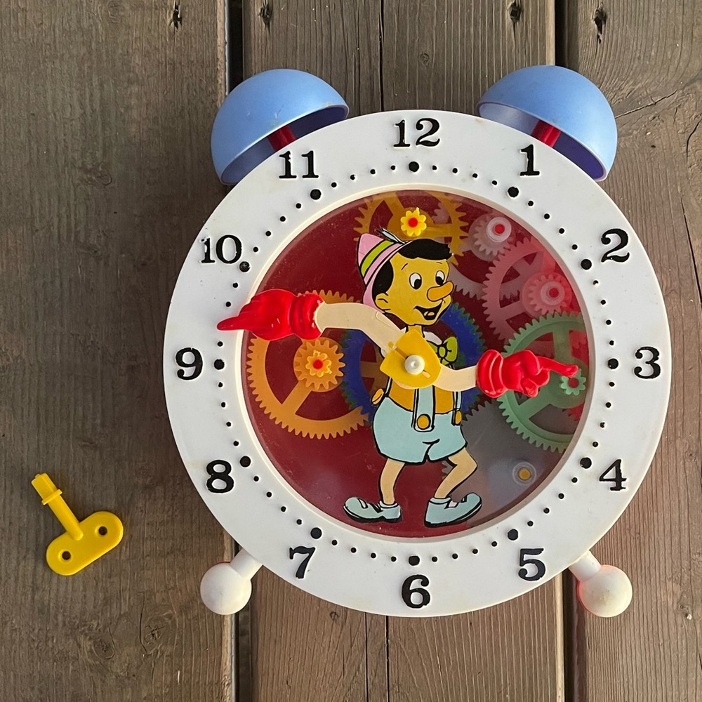Walt Disney Pinocchio Tell Time Vintage Toy Clock Made in Hong Kong Retro Toy